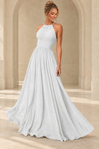 Aururio White halter neck ruched waist A-line evening gown, front view