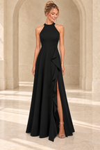 Black high-neck A-line evening gown with a cascading side ruffle and high slit