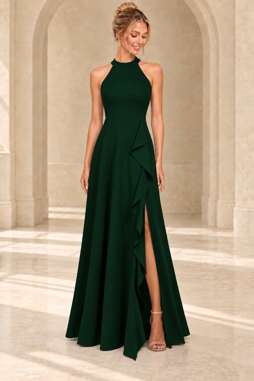 Forest green high-neck A-line evening gown with a cascading side ruffle and high slit