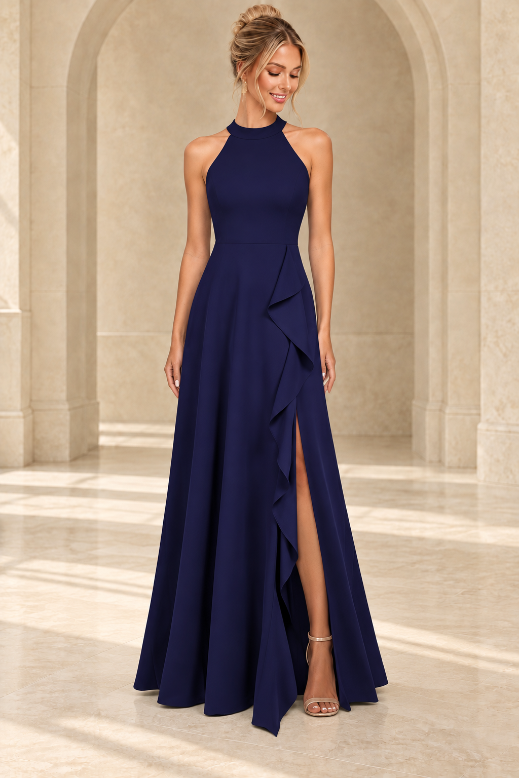 Navy blue high-neck A-line evening gown with a cascading side ruffle and high slit