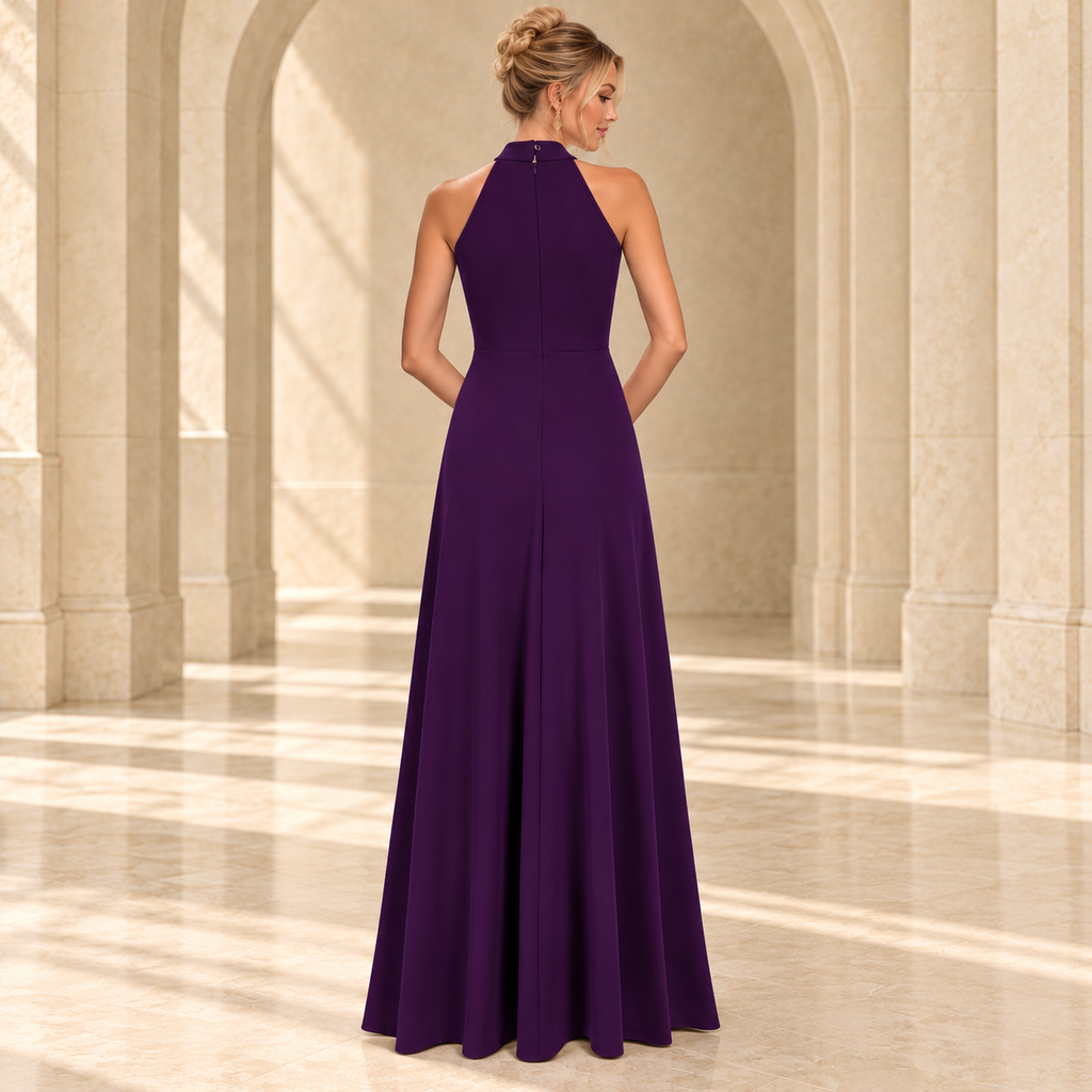 Back view of a purple halter A-line evening gown showing the center-back zipper and neckline fastening