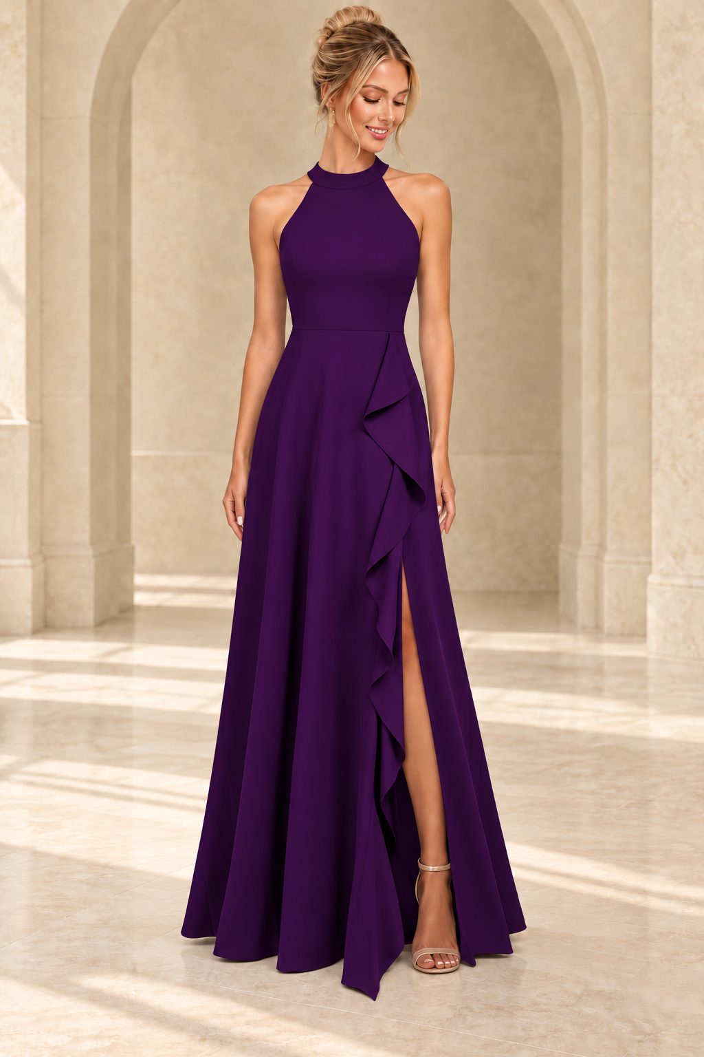 Purple high-neck A-line evening gown with a cascading side ruffle and high slit