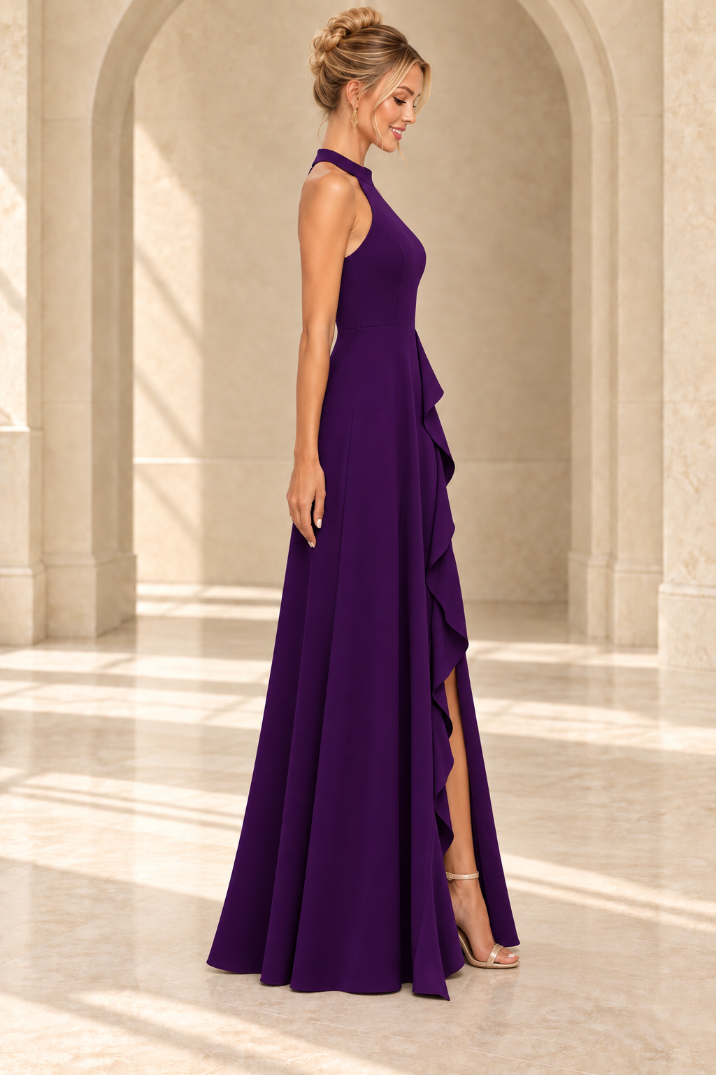 Side view of the purple high-neck ruffle A-line evening gown with slit