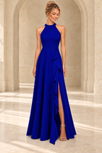 Royal blue high-neck A-line evening gown with a cascading side ruffle and high slit