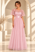 Front view of an embroidered flutter-sleeve A-line evening gown in Blush Pink