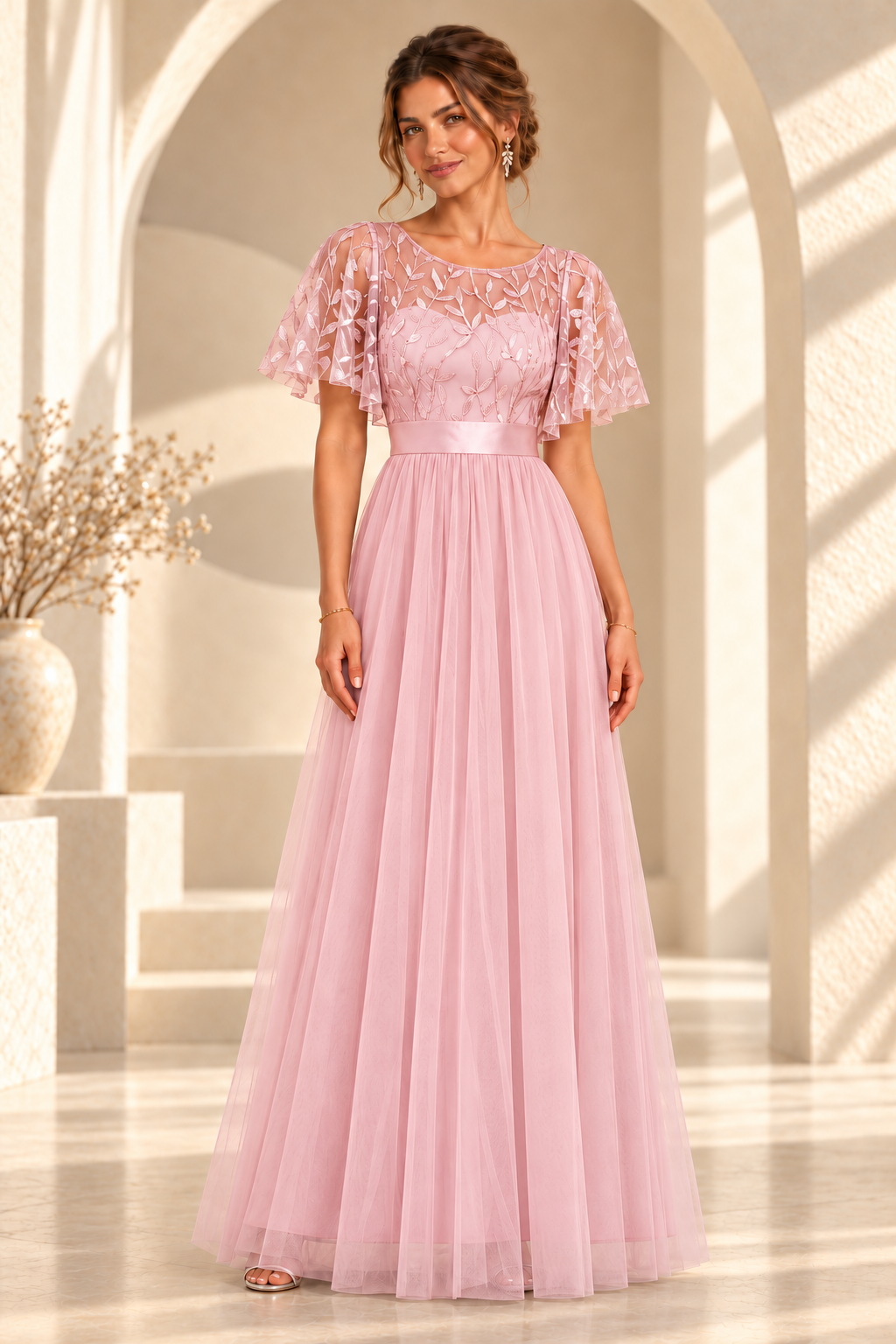 Front view of an embroidered flutter-sleeve A-line evening gown in Blush Pink