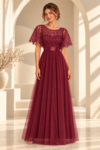 Front view of an embroidered flutter-sleeve A-line evening gown in Burgundy