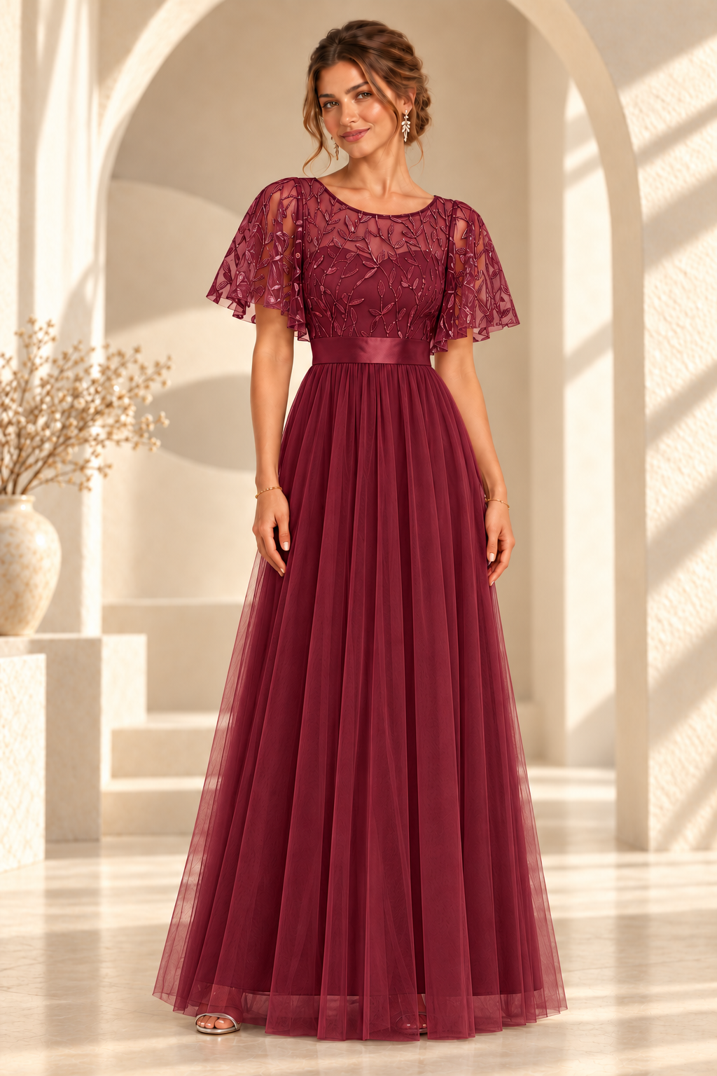 Front view of an embroidered flutter-sleeve A-line evening gown in Burgundy