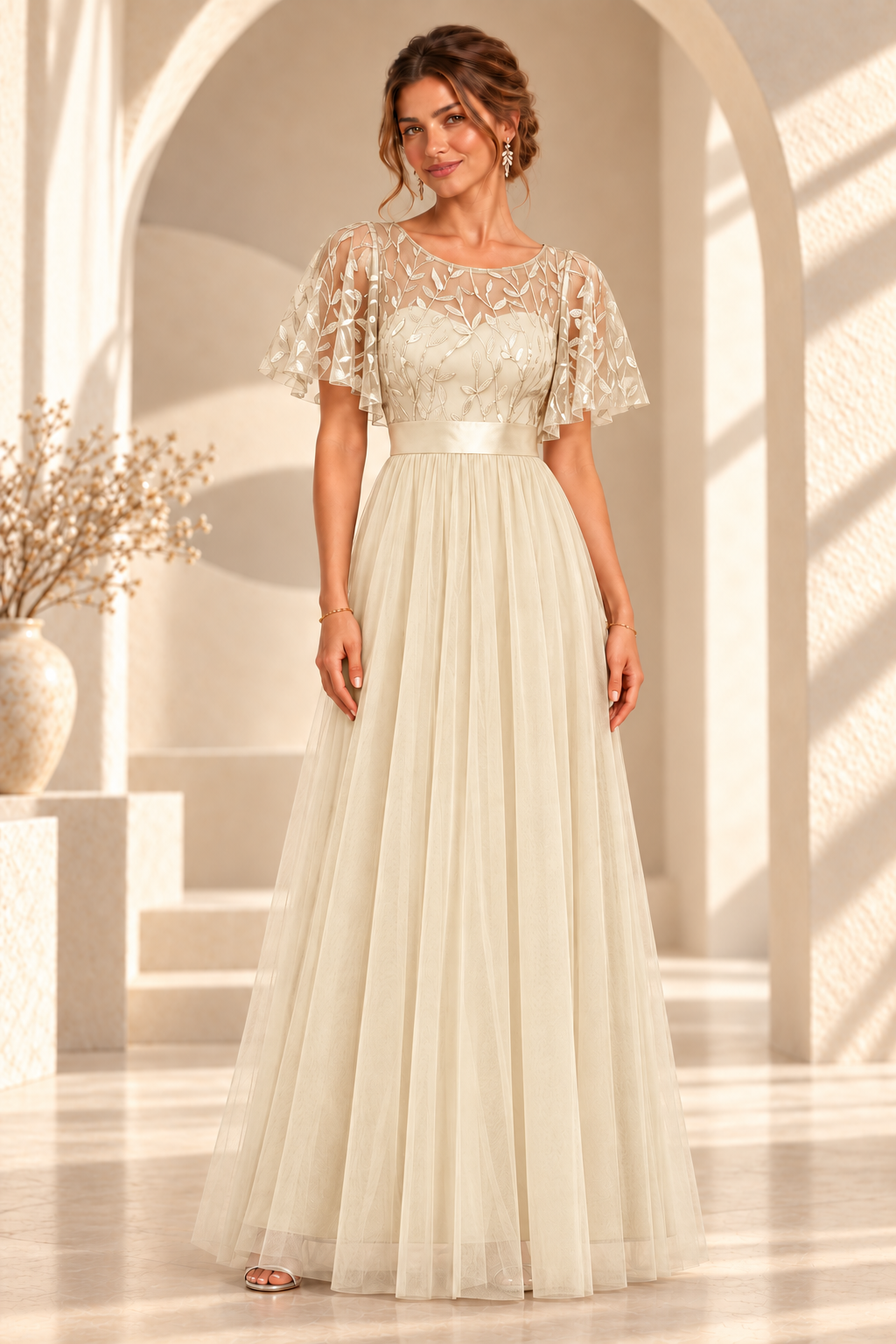 Front view of an embroidered flutter-sleeve A-line evening gown in Champagne