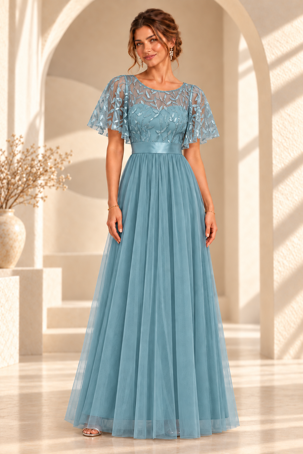 Front view of an embroidered flutter-sleeve A-line evening gown in Dusty Blue