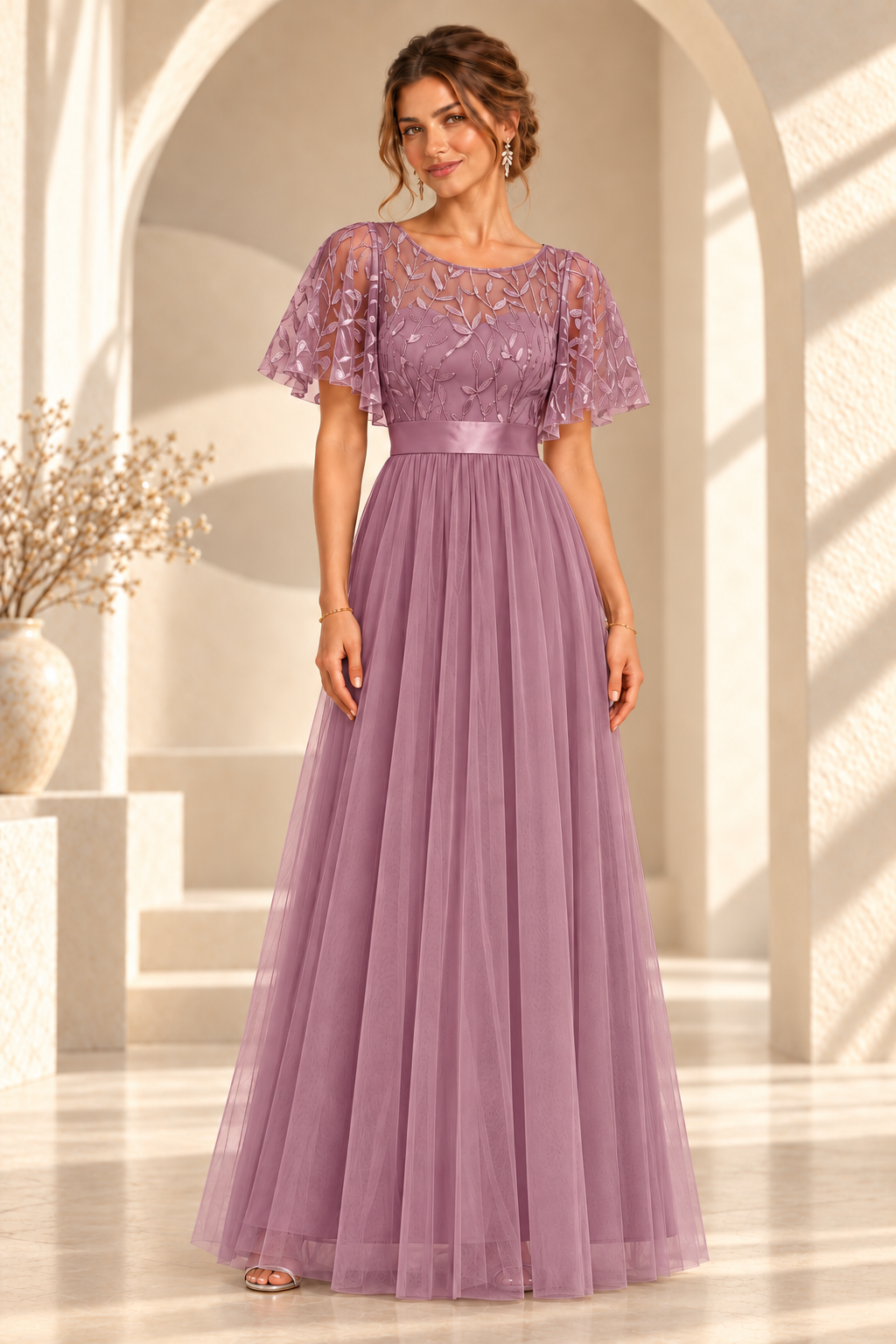 Front view of an embroidered flutter-sleeve A-line evening gown in Dusty Rose