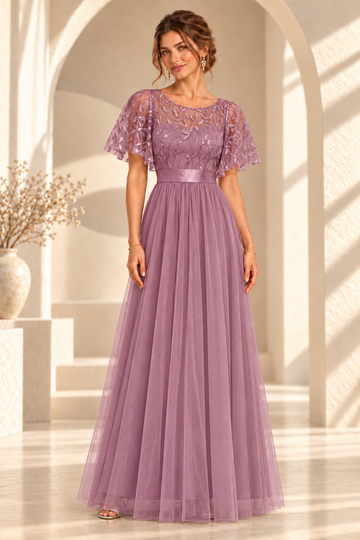 Front view of an embroidered flutter-sleeve A-line evening gown in Dusty Rose