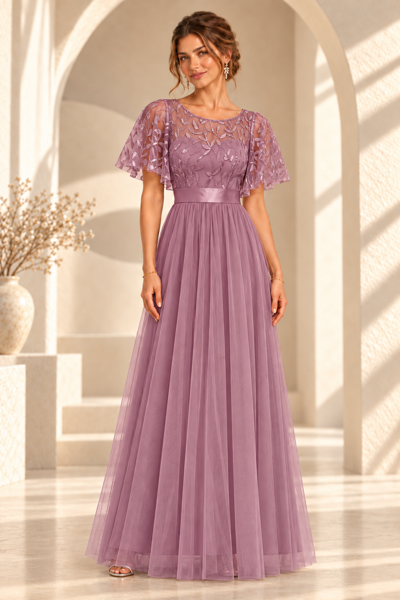 Front view of an embroidered flutter-sleeve A-line evening gown in Dusty Rose