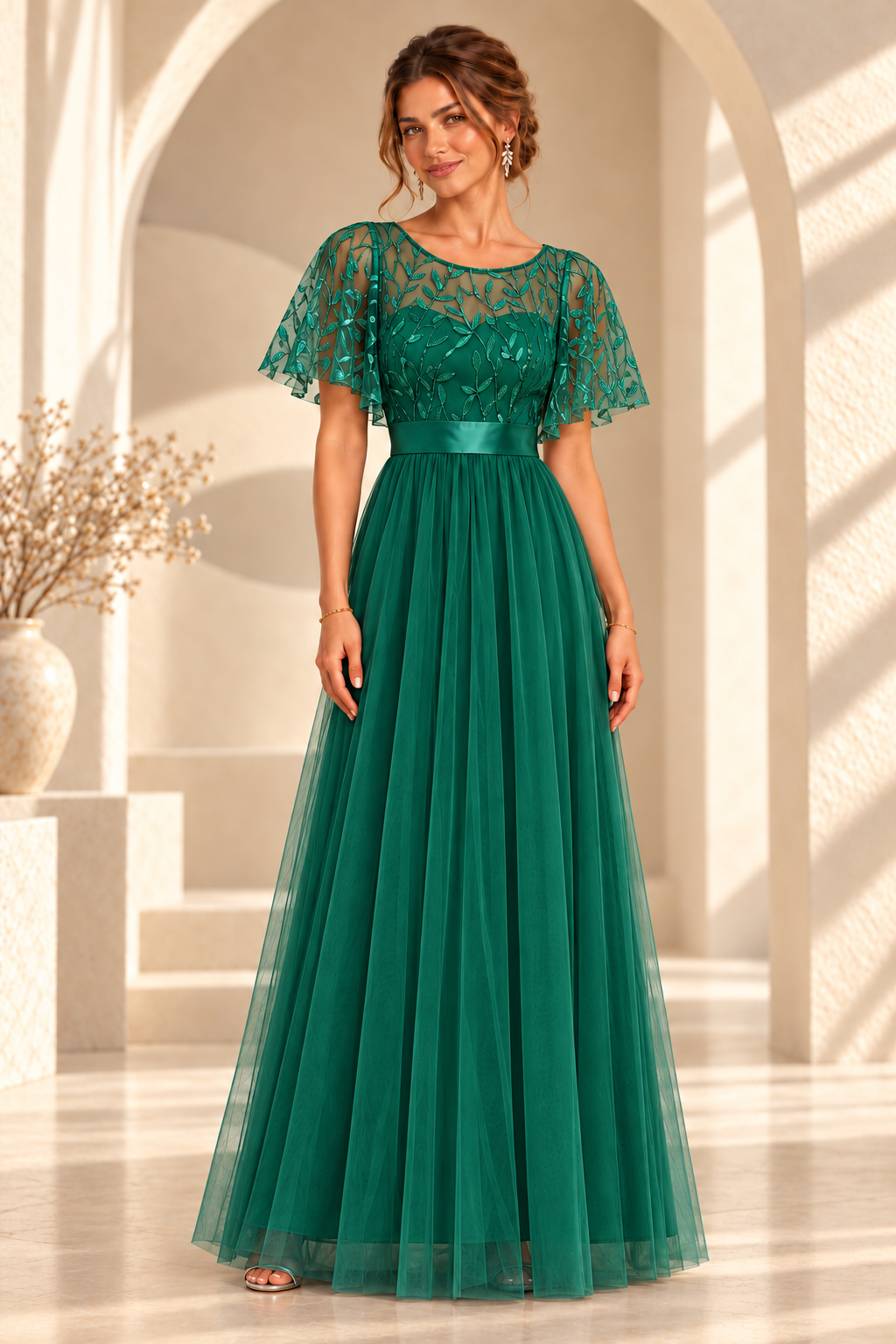 Front view of an embroidered flutter-sleeve A-line evening gown in Emerald Green