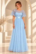 Front view of an embroidered flutter-sleeve A-line evening gown in Light Blue