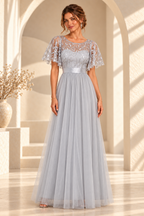 Front view of an embroidered flutter-sleeve A-line evening gown in Light Gray