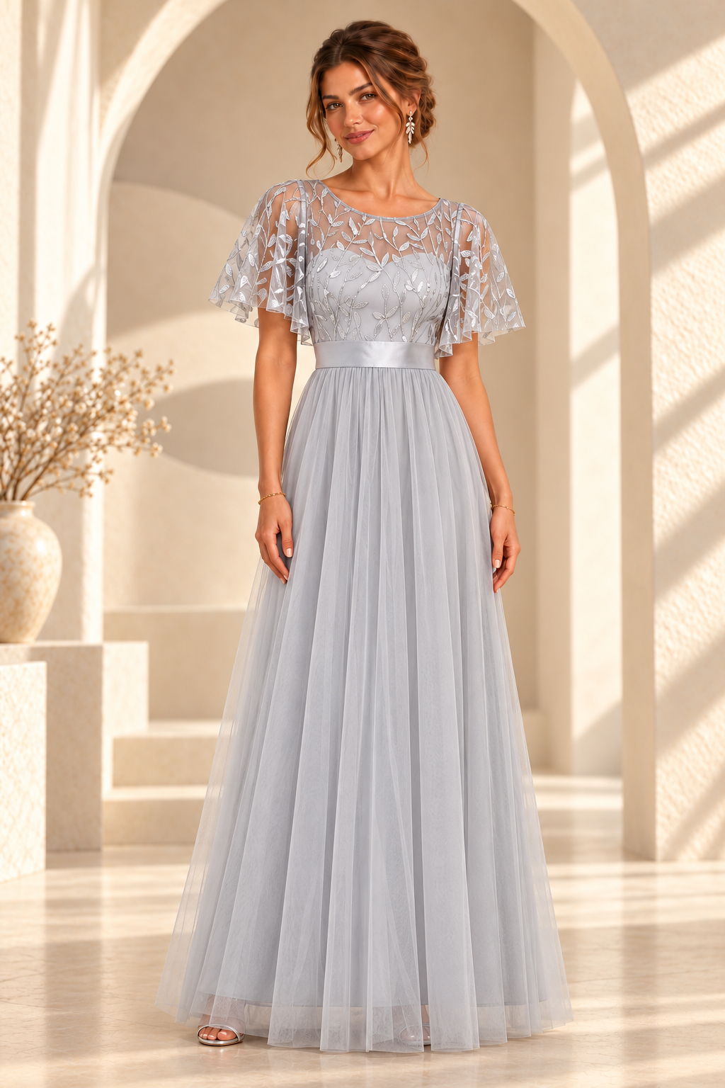 Front view of an embroidered flutter-sleeve A-line evening gown in Light Gray