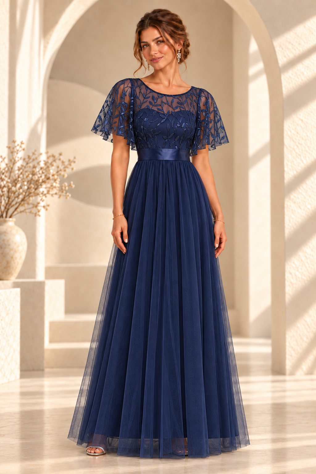 Front view of an embroidered flutter-sleeve A-line evening gown in Navy Blue