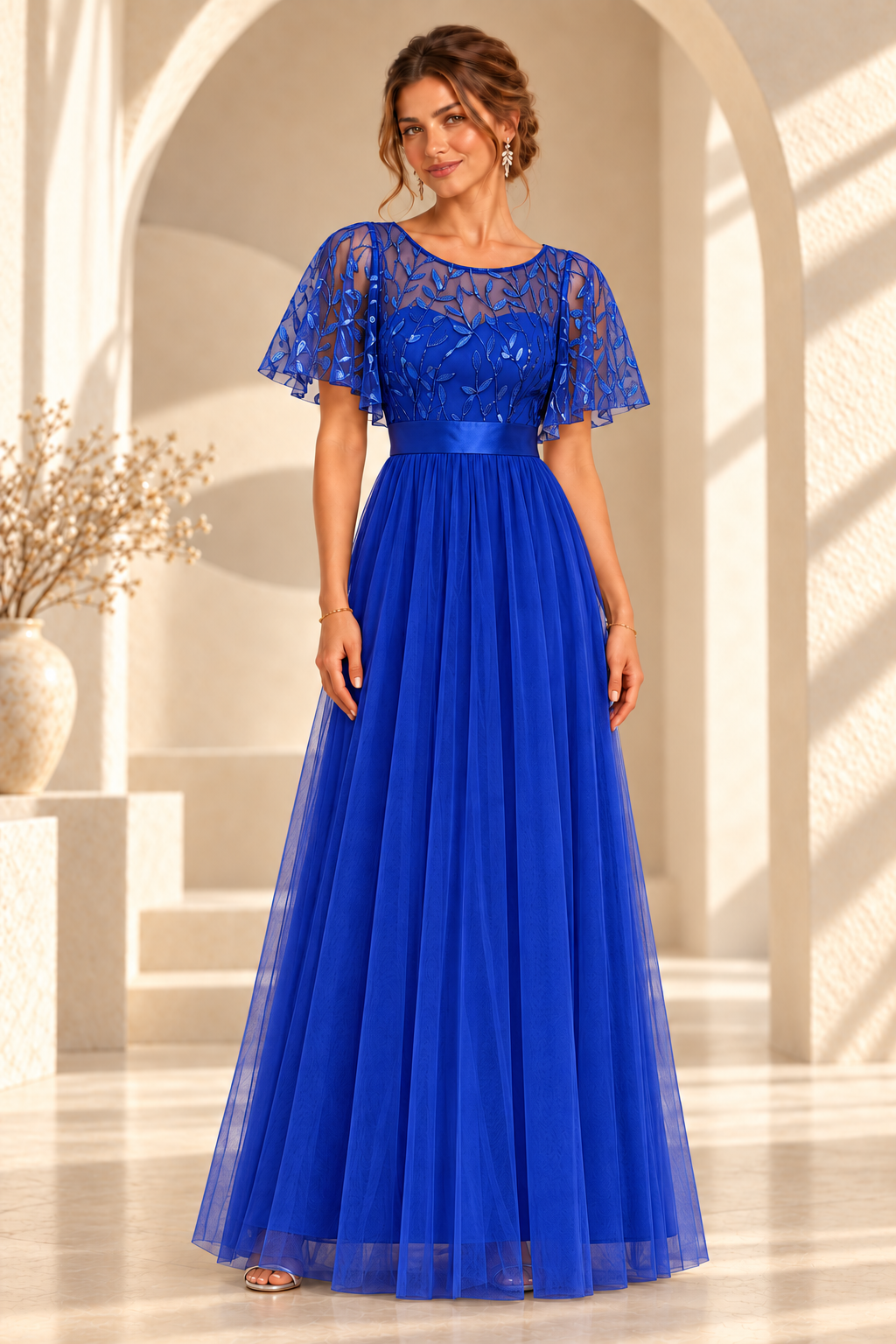 Front view of an embroidered flutter-sleeve A-line evening gown in Royal Blue