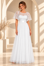 Front view of an embroidered flutter-sleeve A-line evening gown in White