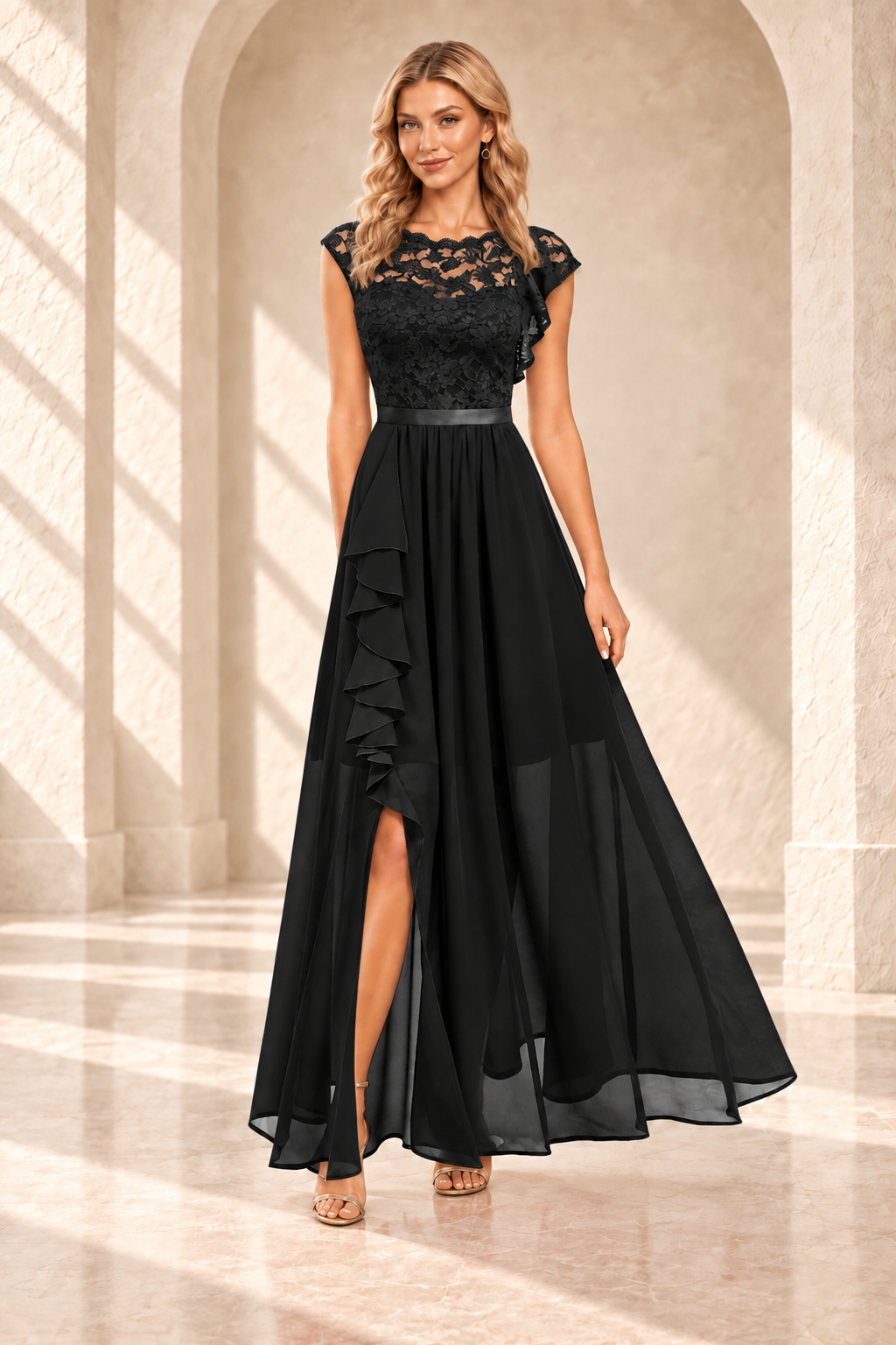 Black lace bodice A-line dress with a cascading side ruffle and slit