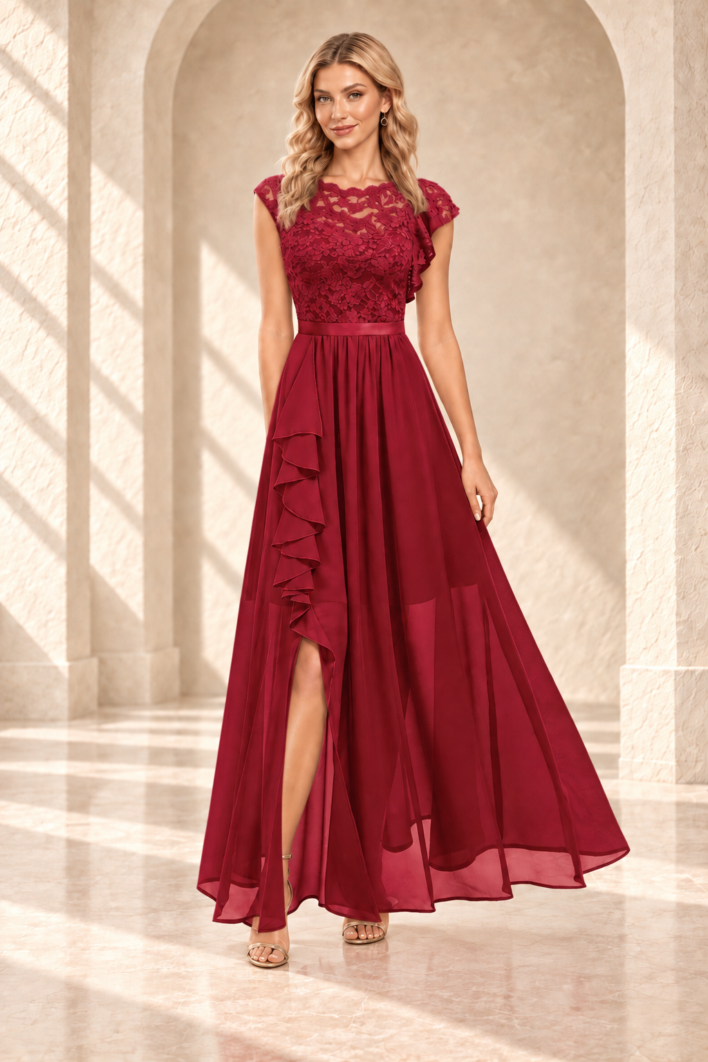 Burgundy lace bodice A-line dress with a cascading side ruffle and slit