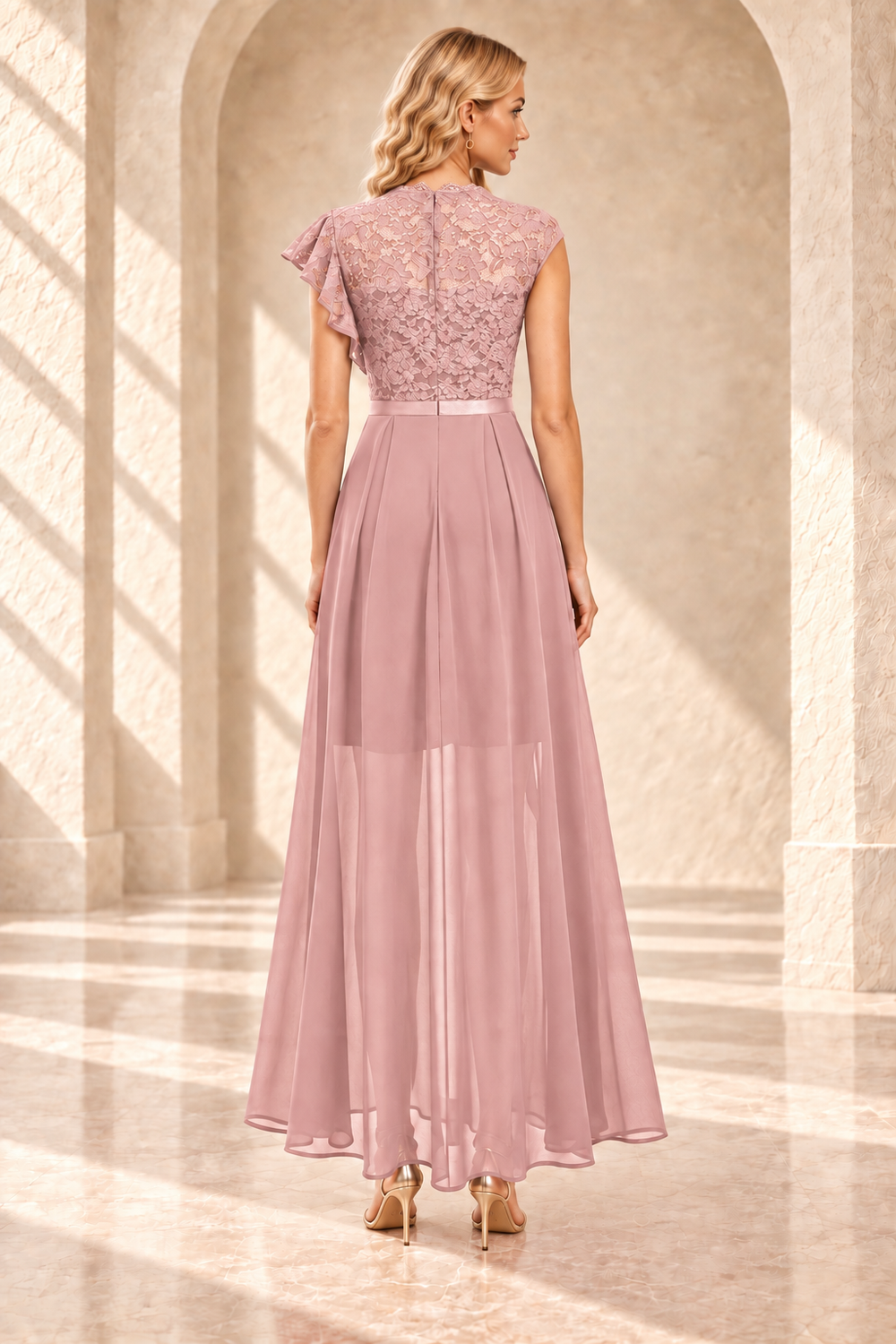 Lace Bodice Ruffle A-Line Evening Dress with Slit