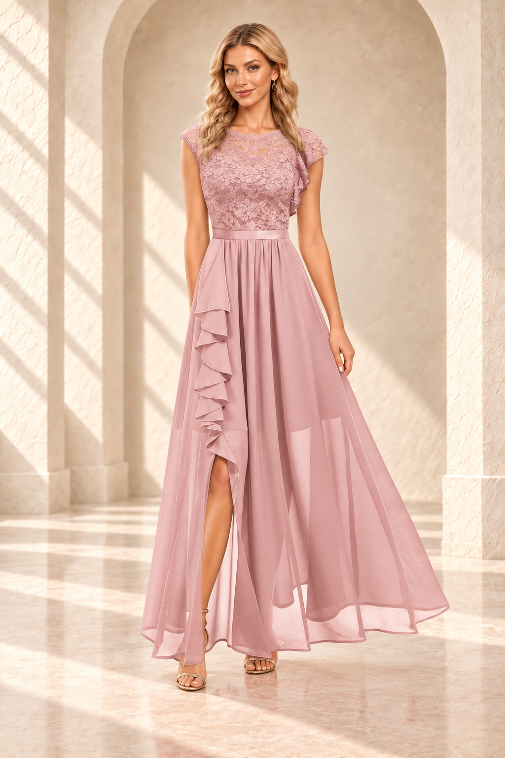 Dusty rose lace bodice A-line dress with a cascading side ruffle and slit