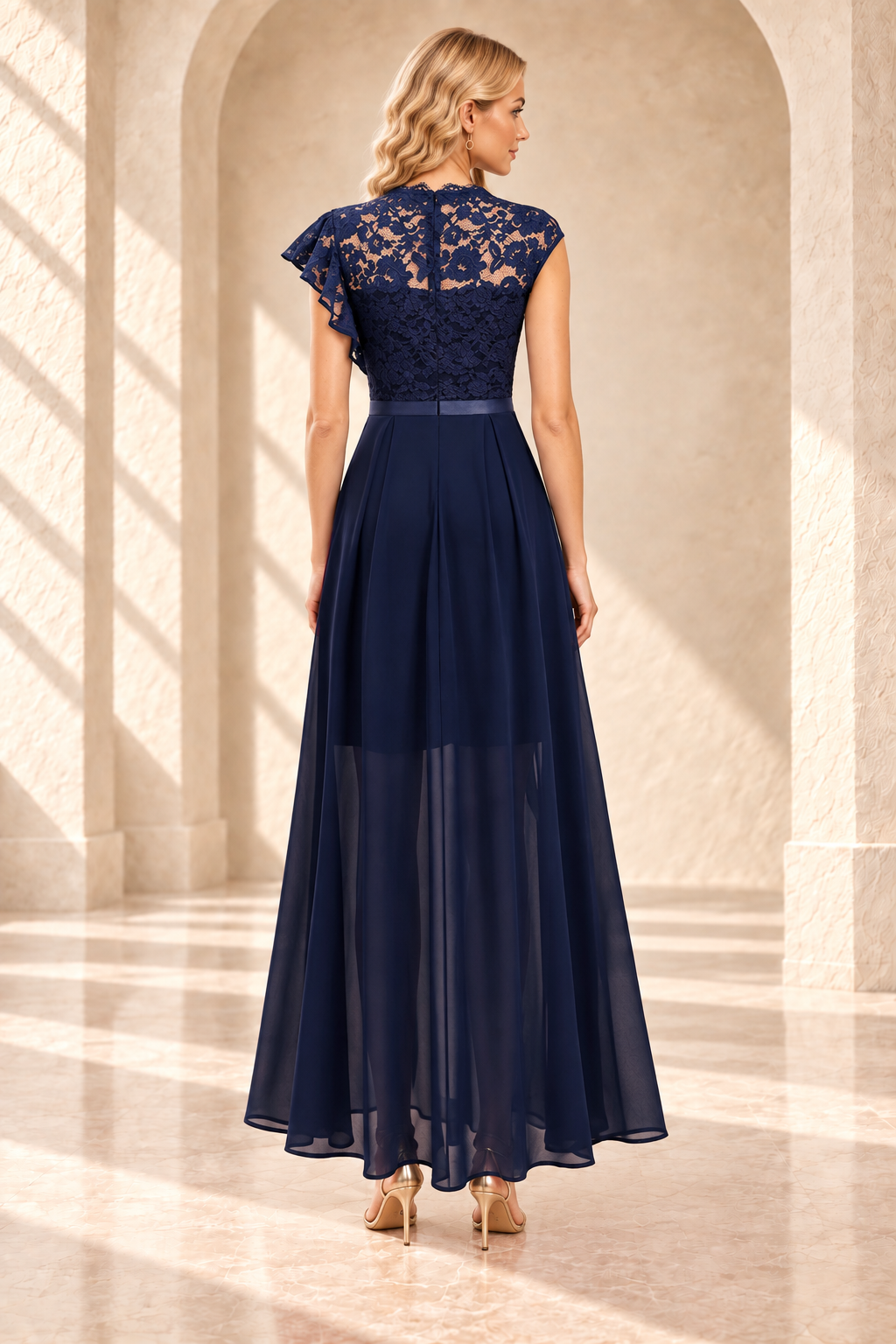 Back view of a navy blue A-line dress with a floral lace bodice and narrow waistband