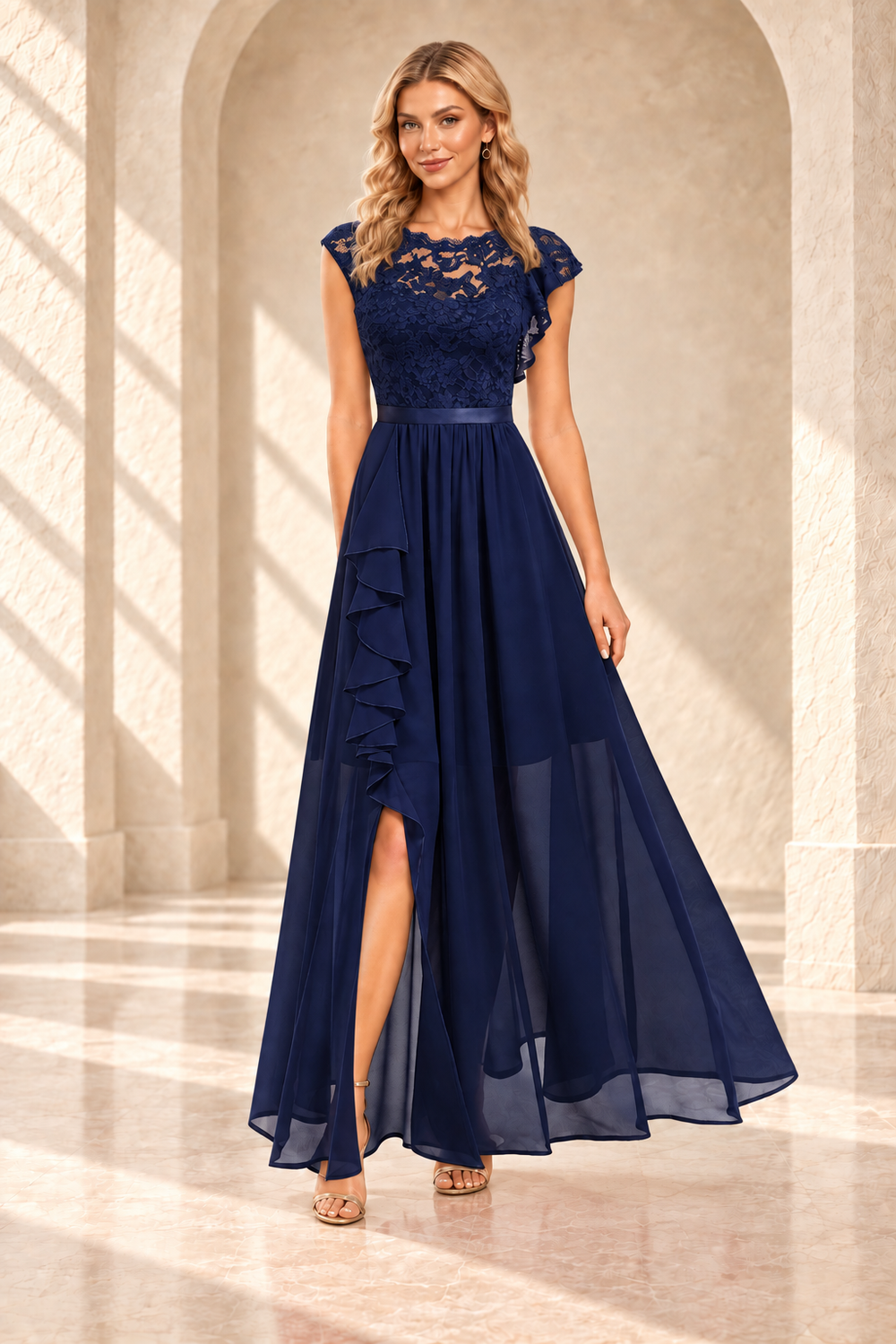 Navy blue lace bodice A-line dress with a cascading side ruffle and slit