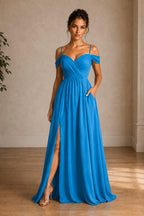 Off-Shoulder Ruched A-Line Evening Gown with Slit
