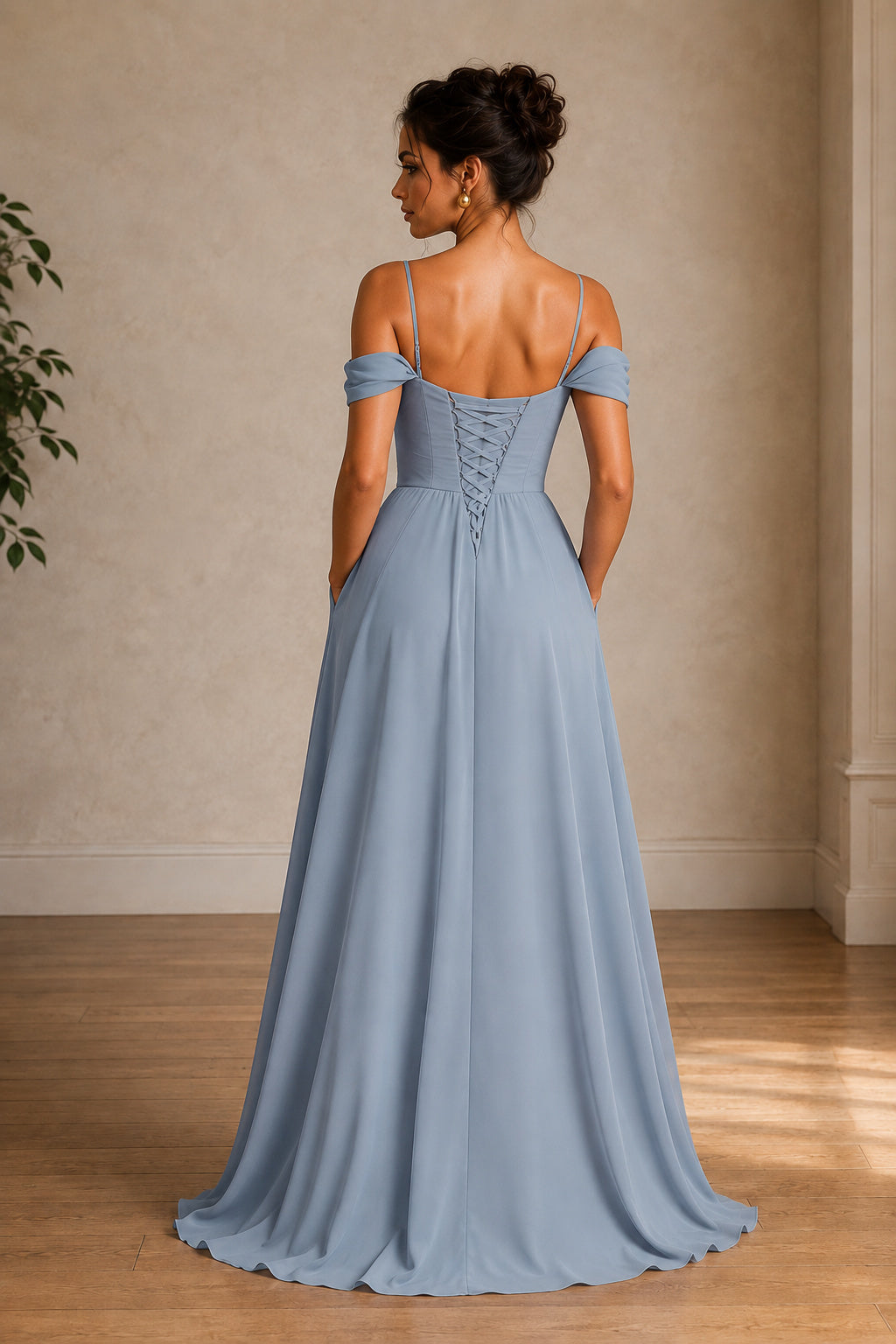 Off-Shoulder Ruched A-Line Evening Gown with Slit