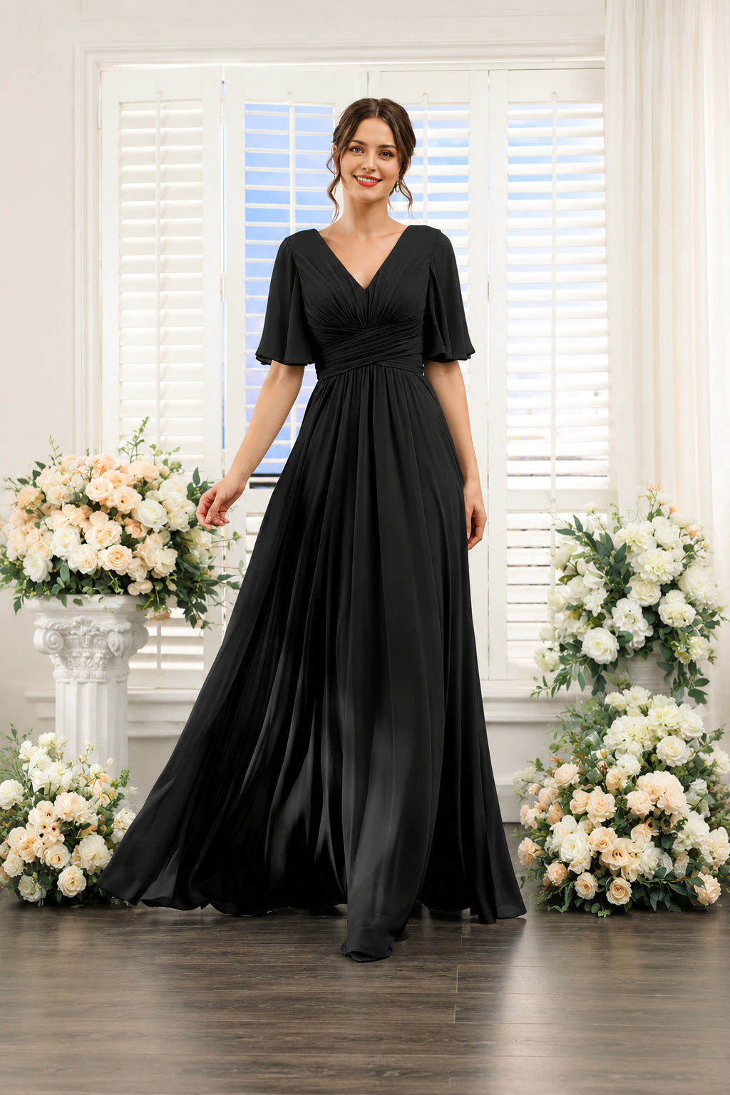 V-Neck Flutter Sleeve Ruched High-Slit Evening Gown