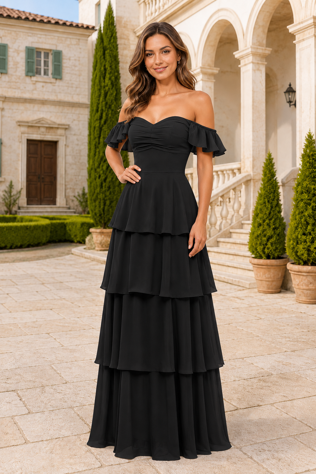 Ruffle-Sleeve Tiered Floor-Length Formal Gown