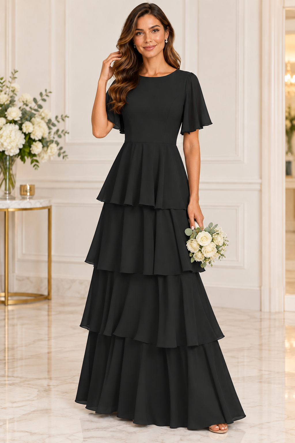 Flutter Sleeve Tiered Chiffon Formal Dress