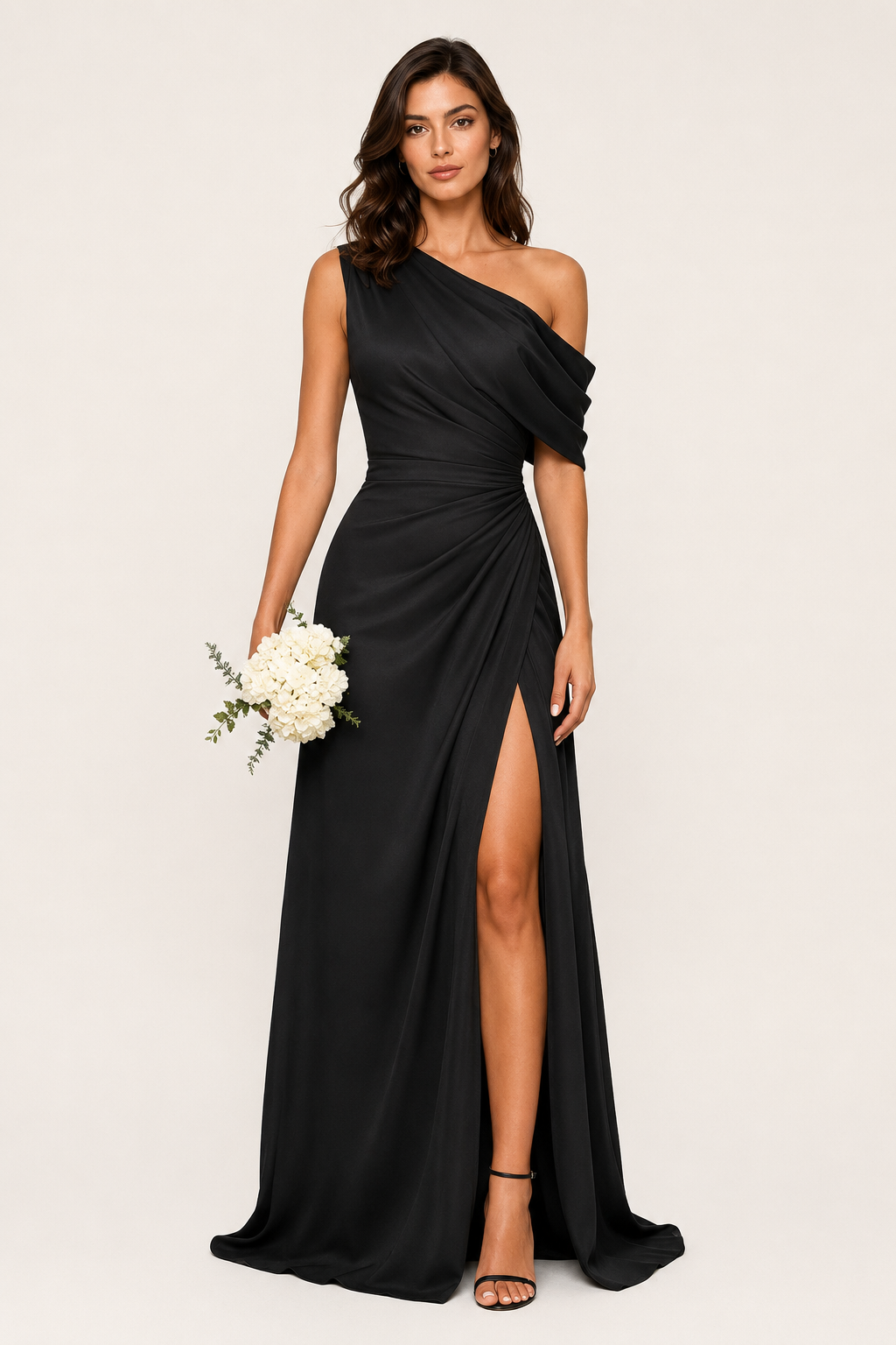 One-Shoulder Draped Ruched High-Slit Evening Gown
