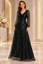 Black V-neck sequin A-line evening gown with sheer long sleeves