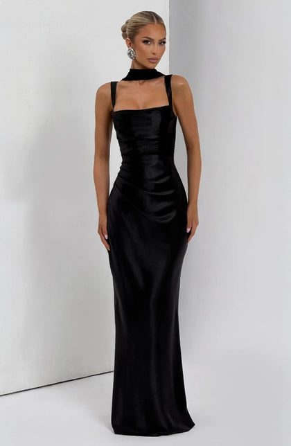 Black square-neck ruched evening gown, front view