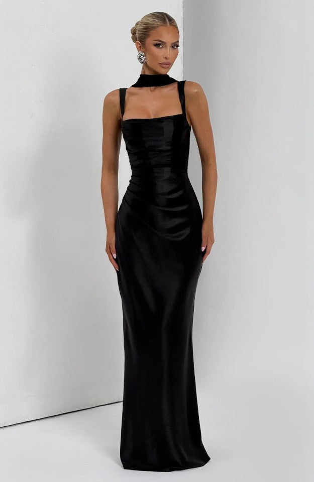 Black square-neck ruched evening gown, front view