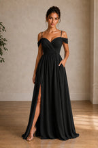 Off-Shoulder Ruched A-Line Evening Gown with Slit