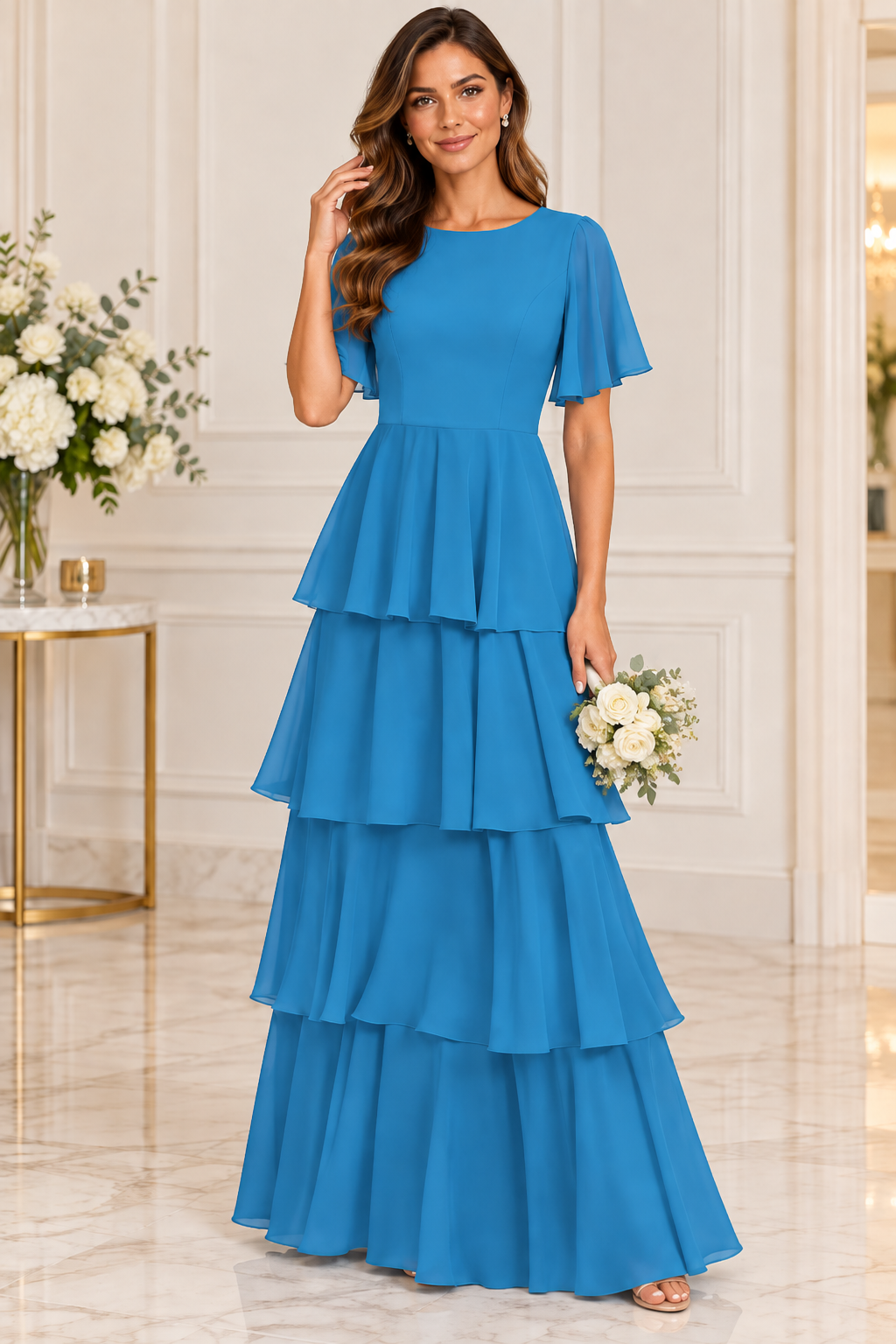 Flutter Sleeve Tiered Chiffon Formal Dress