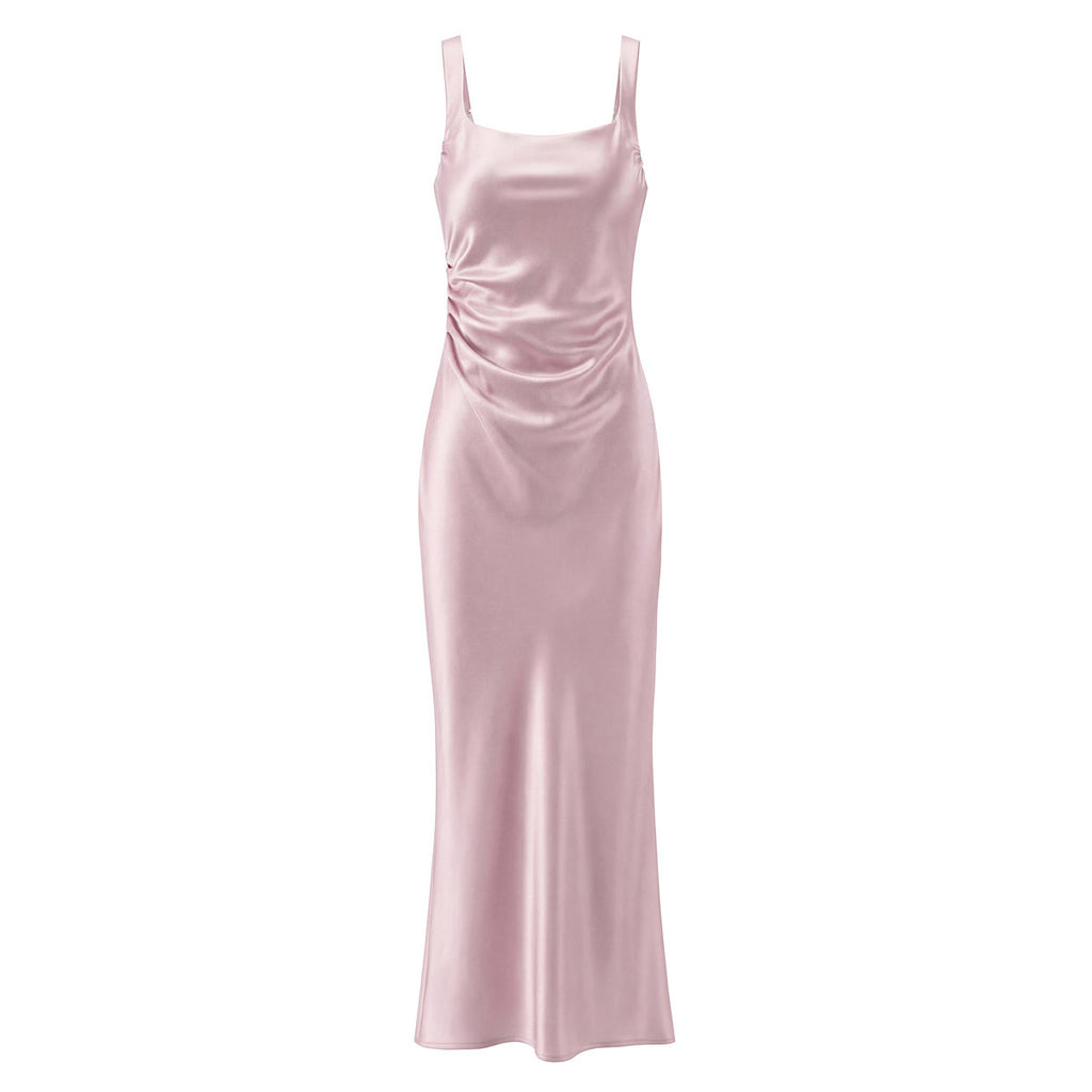 Blush pink square-neck evening gown, front product view