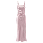 Blush pink square-neck evening gown, front product view