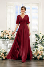 V-Neck Flutter Sleeve Ruched High-Slit Evening Gown