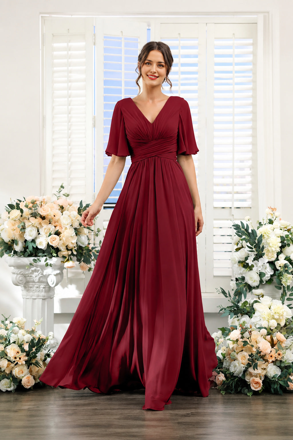 V-Neck Flutter Sleeve Ruched High-Slit Evening Gown
