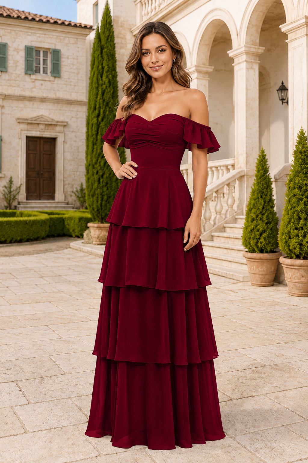 Ruffle-Sleeve Tiered Floor-Length Formal Gown