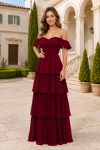 Ruffle-Sleeve Tiered Floor-Length Formal Gown