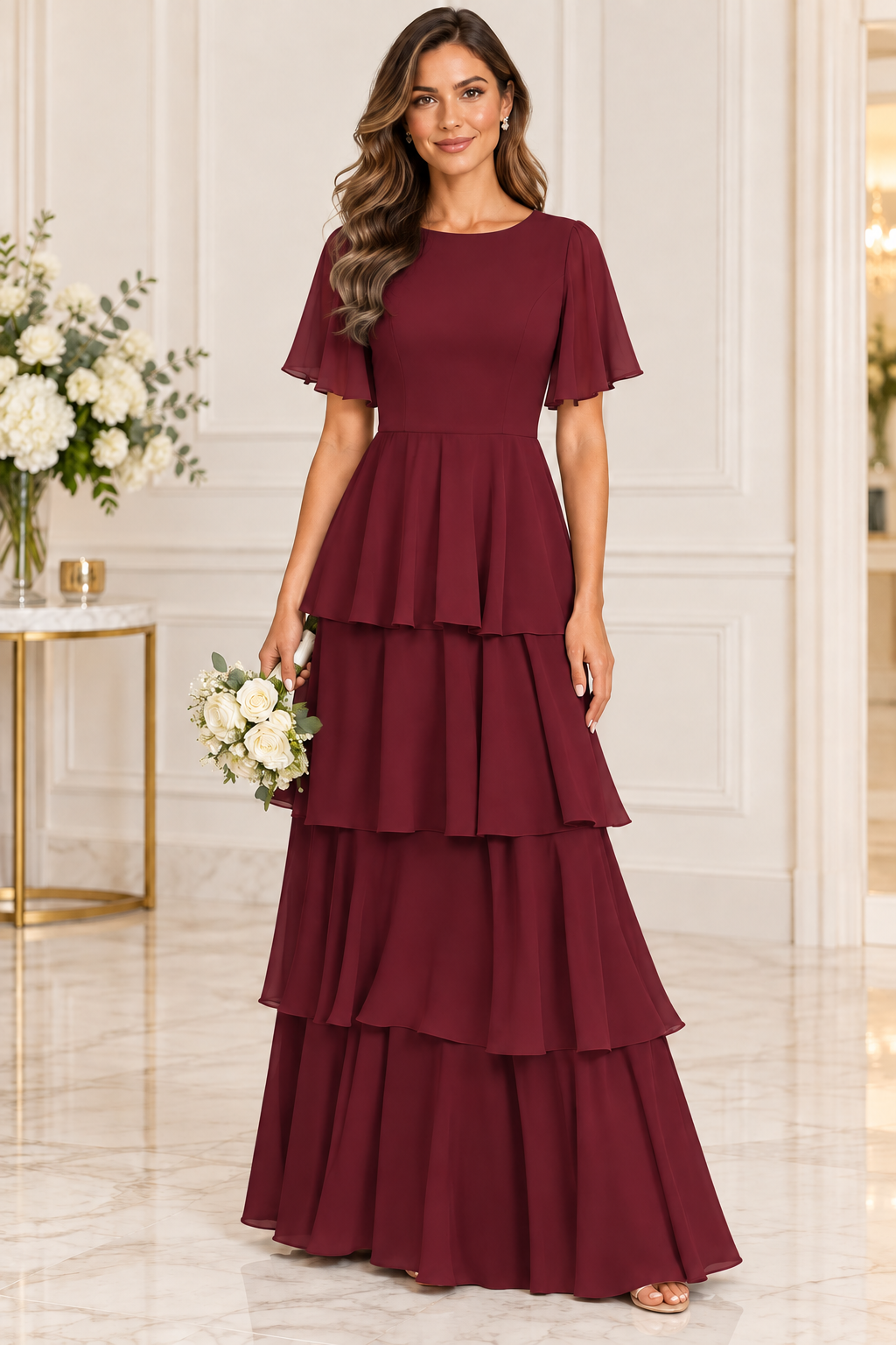 Flutter Sleeve Tiered Chiffon Formal Dress