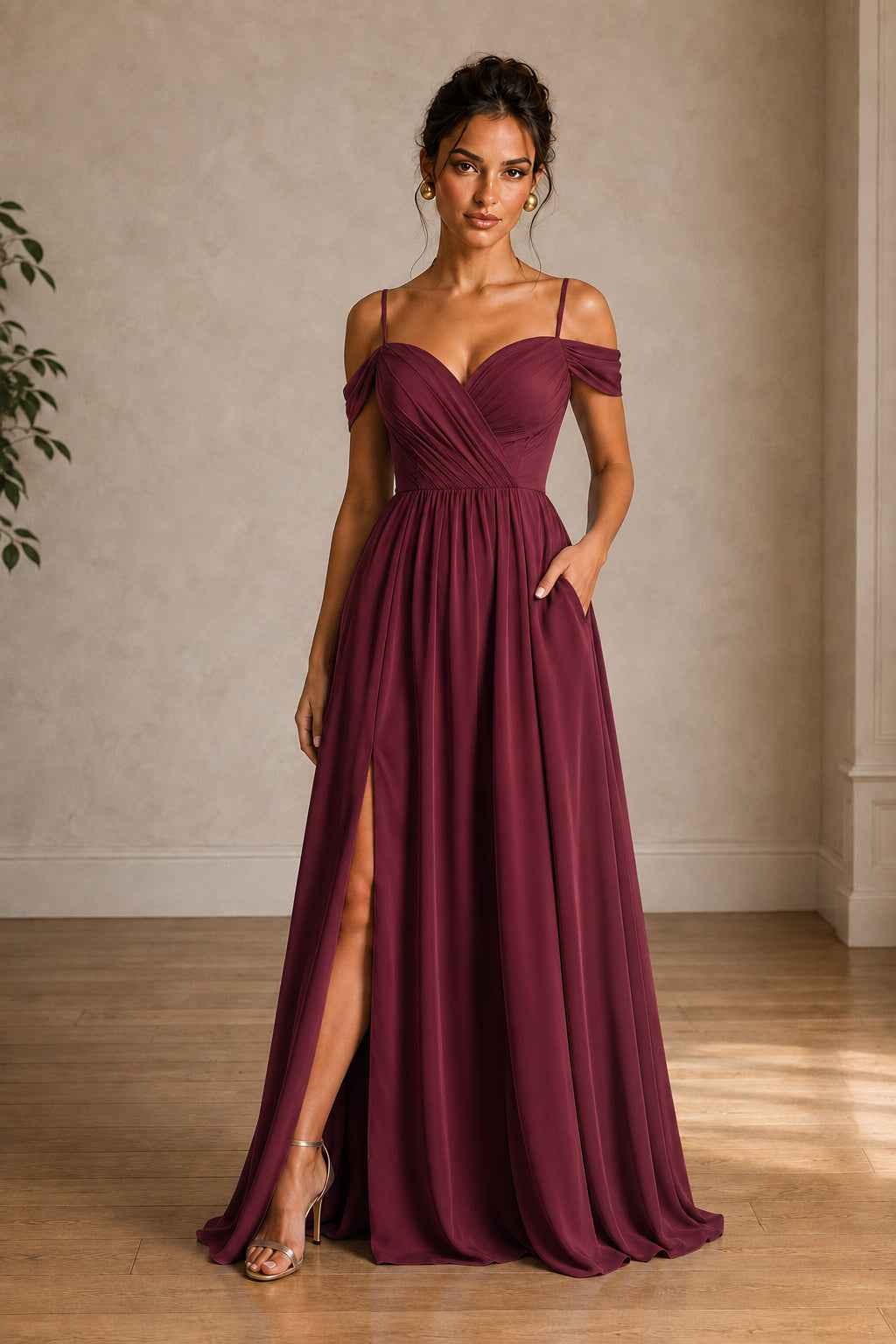 Off-Shoulder Ruched A-Line Evening Gown with Slit