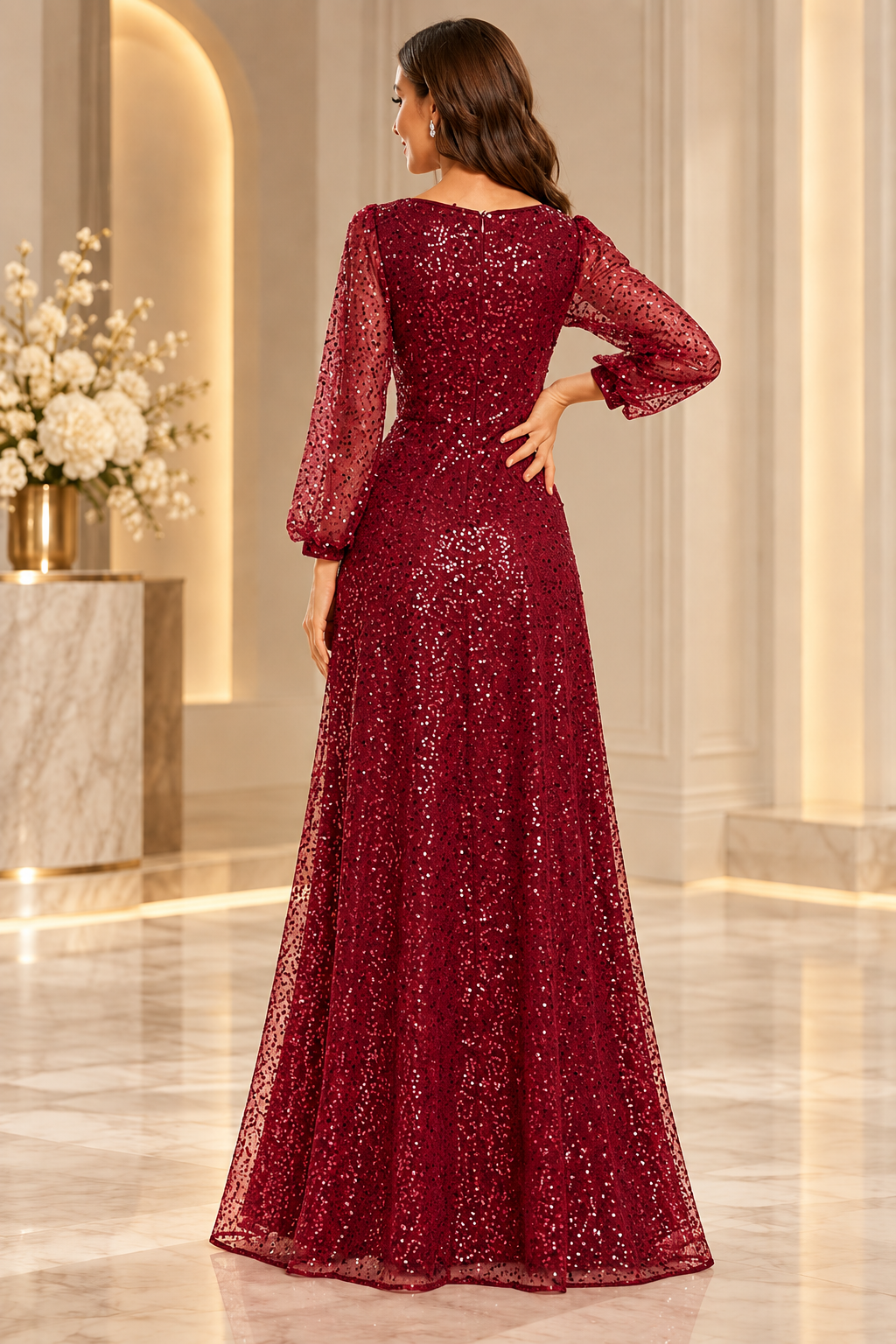 Back view of Burgundy floor-length sequin A-line evening gown with sheer long sleeves